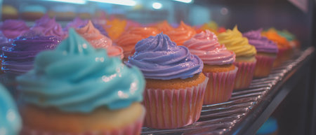 Colorful cupcakes lined up with swirls of frosting in a delightful bakery setting