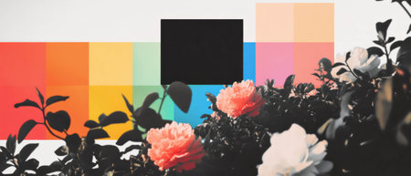 Minimalist collage of geometric patterns and floral elements against a white backgroundの素材