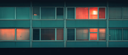 Reflection of window light creates a vibrant urban atmosphere against a dark backdropの素材