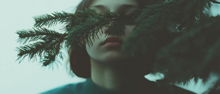 Fresh winter collage featuring shoulders adorned with aromatic pine branches