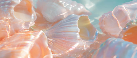 Explore the delicate textures and pearly interiors of seashells on a serene shoreの素材