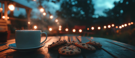 Comforting chocolate chip cookies paired with warm milk in a cozy outdoor settingの写真素材