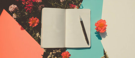 Minimalist collage featuring an open notebook and geometric shapes with floral accentsの素材