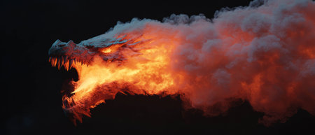 Powerful dragon breathes fire against a dark background in a fantasy landscape