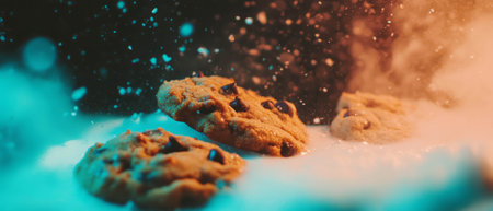 Cold milk paired with warm chocolate chip cookies creates a perfect bedtime snack experienceの写真素材