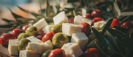 Olive and cheese appetizer spread perfect for Mediterranean gatheringsの写真素材