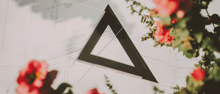 Minimalist collage combining geometric shapes and floral elements on a white backgroundの写真素材