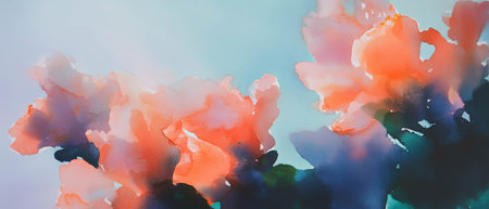Blooming flowers create a serene backdrop with soft watercolor tonesの写真素材