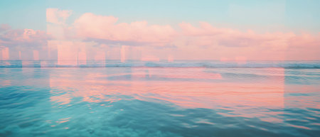 Fusion of city skyline and ocean waves in vibrant double exposure compositionの写真素材