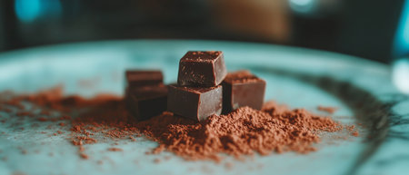 Rich chocolate candies and cocoa powder create a decadent dessert experienceの写真素材