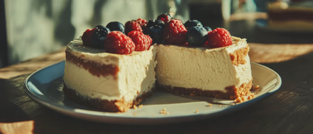 Decadent cheesecake with berries served on a rustic wooden tableの写真素材