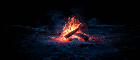 Cozy campfire burning brightly against a dark night sky