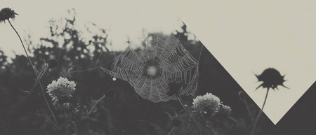 Minimalist collage showcasing a web adorned with dew under moonlight with floral elementsの写真素材