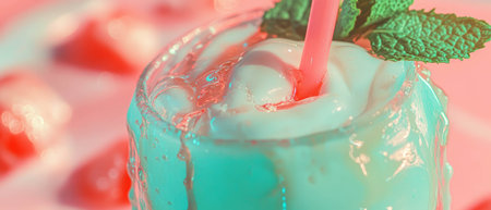 Sweet mint syrup drizzled dessert and drink with refreshing mint garnishの写真素材