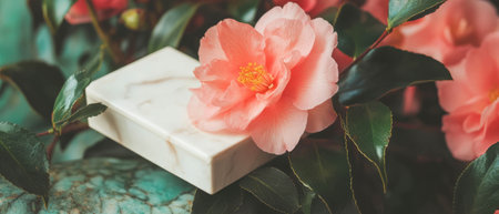 Elegant flat lay with pink camellias and stylish jewelry boxesの写真素材