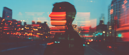 Exploring urban landscapes through a double exposure human silhouetteの写真素材