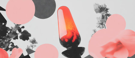 Minimalist collage featuring a lava lamp and abstract floral elements on a white backgroundの写真素材