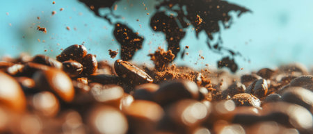 Double exposure of coffee beans with a world map symbolizing global connections and explorationの写真素材