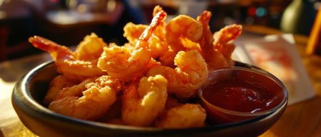 Crispy fried shrimp served with tangy cocktail sauce for a perfect seafood appetizerの写真素材