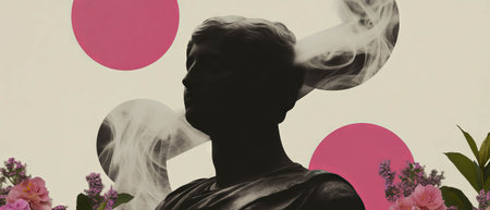 Minimalist collage featuring a statue with geometric shapes and floral elementsの写真素材