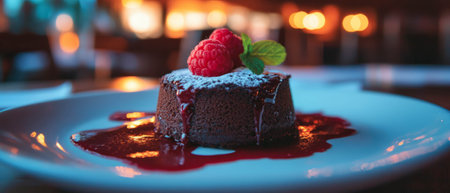 Dark chocolate lava cake topped with fresh raspberry sauce served in a cozy dining settingの写真素材