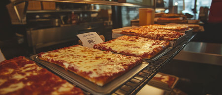 Delicious Detroit-style pizza with thick crust and square slices served in a cozy pizzeriaの写真素材