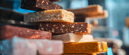 Healthy protein bars stacked in various flavors for fitness enthusiastsの写真素材