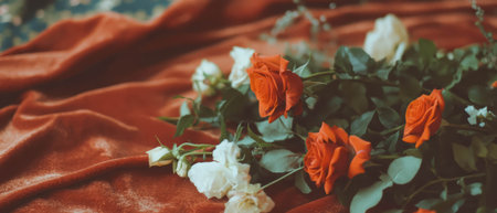 Luxurious flat lay of red roses with a velvet ribbon on a rich fabric backgroundの写真素材