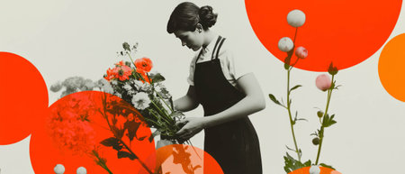Minimalist collage featuring a florist arranging a bouquet with geometric shapes and flowersの写真素材