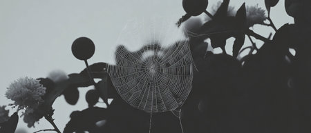 Minimalist collage of a mystical dew-covered web surrounded by geometric shapes and flowers