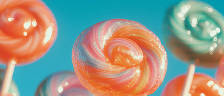 Colorful rainbow swirl lollipops stand out against a vibrant blue skyの写真素材