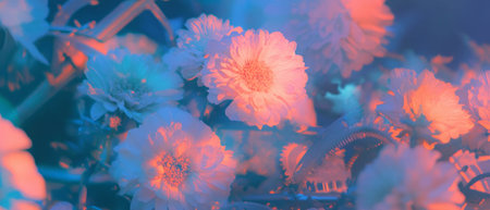 Blooming flowers and clock gears create a stunning double exposure effectの写真素材