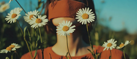Daisy chain adorns playful child in a sunlit summer meadow filled with wildflowersの写真素材
