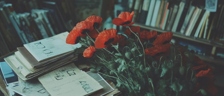 Rustic flat lay of red poppies and vintage letters in a cozy library settingの写真素材