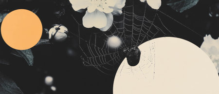 Minimalist collage of geometric shapes and a mystical spider web with dew dropsの写真素材