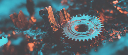 Double exposure blends mechanical clock gears with natural tree rings representing timeの写真素材