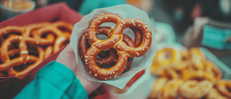 Salty and crunchy pretzels served with mustard at a casual snack standの写真素材
