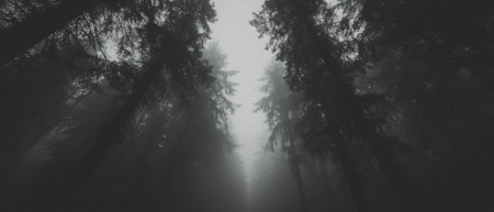 Mysterious dark forest silhouette with dramatic trees and blank space for creative useの写真素材