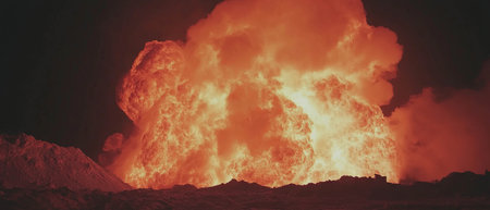 Intense fire inferno erupts with powerful flames against a dark background creating destructionの写真素材