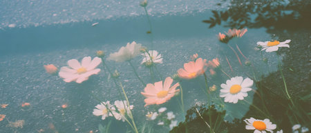 Urban meets nature in a double exposure of concrete and delicate flowers