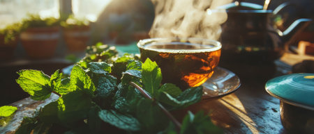 Comforting hot mint tea with aromatic steam and fresh herbs in a cozy settingの写真素材