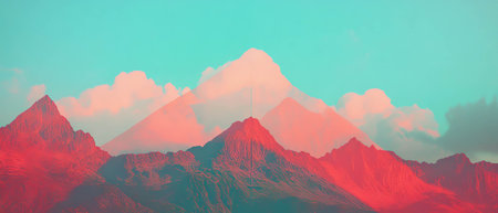 Majestic mountain peaks blend with ethereal clouds under a vibrant sky
