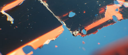 Old film surface showing torn and damaged sprocket holes with vivid color contrast