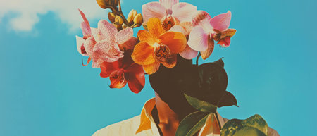 Vibrant torso adorned with exotic orchids against a clear blue skyの写真素材