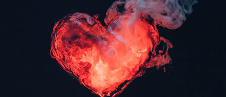 Burning heart shape creates a romantic atmosphere against a black backgroundの写真素材