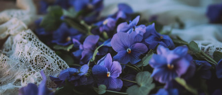 Purple violets and antique lace create a vintage floral flat lay displayの写真素材