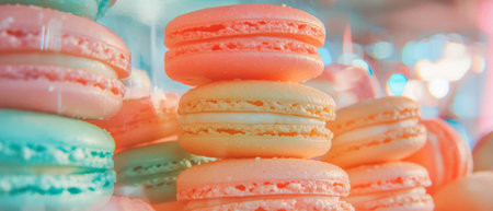 Colorful macarons stacked in a display, showcasing French pastry artistry