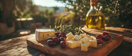 Mediterranean appetizer with olives, cheese cubes, and olive oil on rustic wooden boardの写真素材