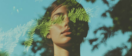 Collage of serene neck and lush fern frond in vibrant green forest settingの写真素材