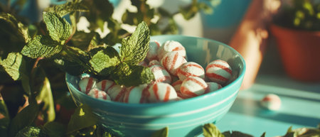Mint candy bowl filled with colorful sweets surrounded by fresh mint leavesの写真素材